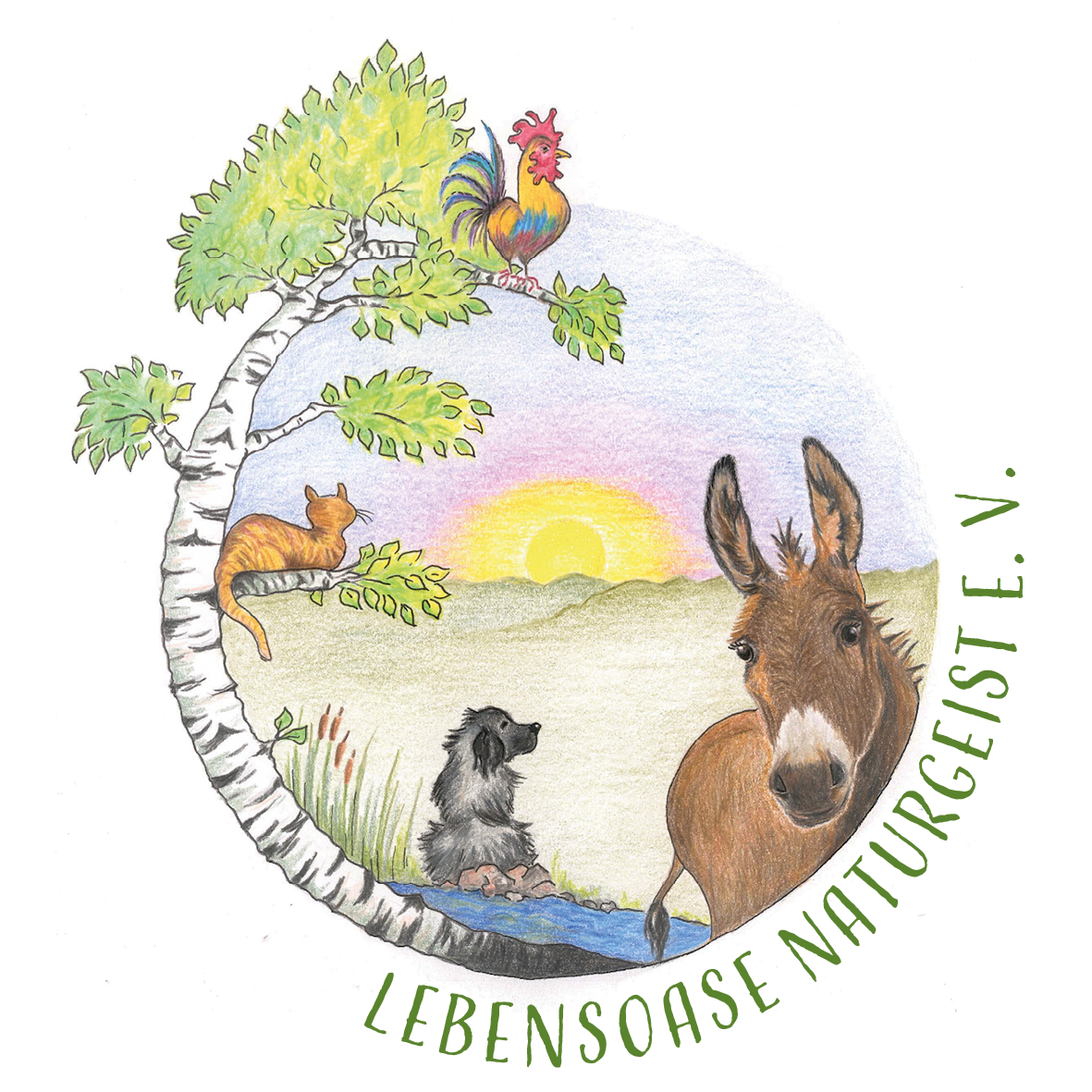 Logo der Lebensoase Naturgeist: Esel, Hund, Katze und Hahn auf und unter einer Birke im Sonnenaufgang